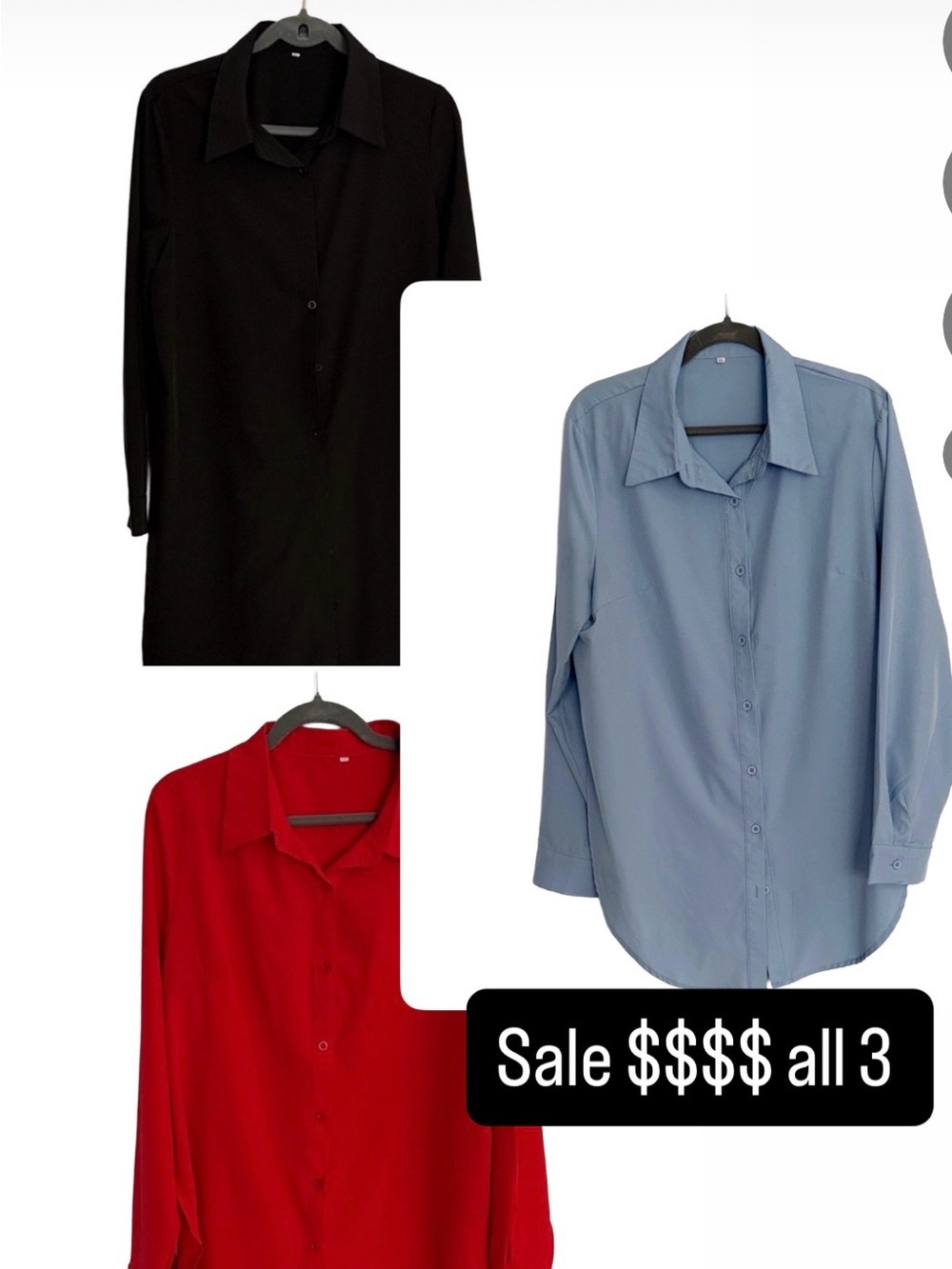Bundle of 3 Button-Down long blouse, light powder blue black and red size XXL